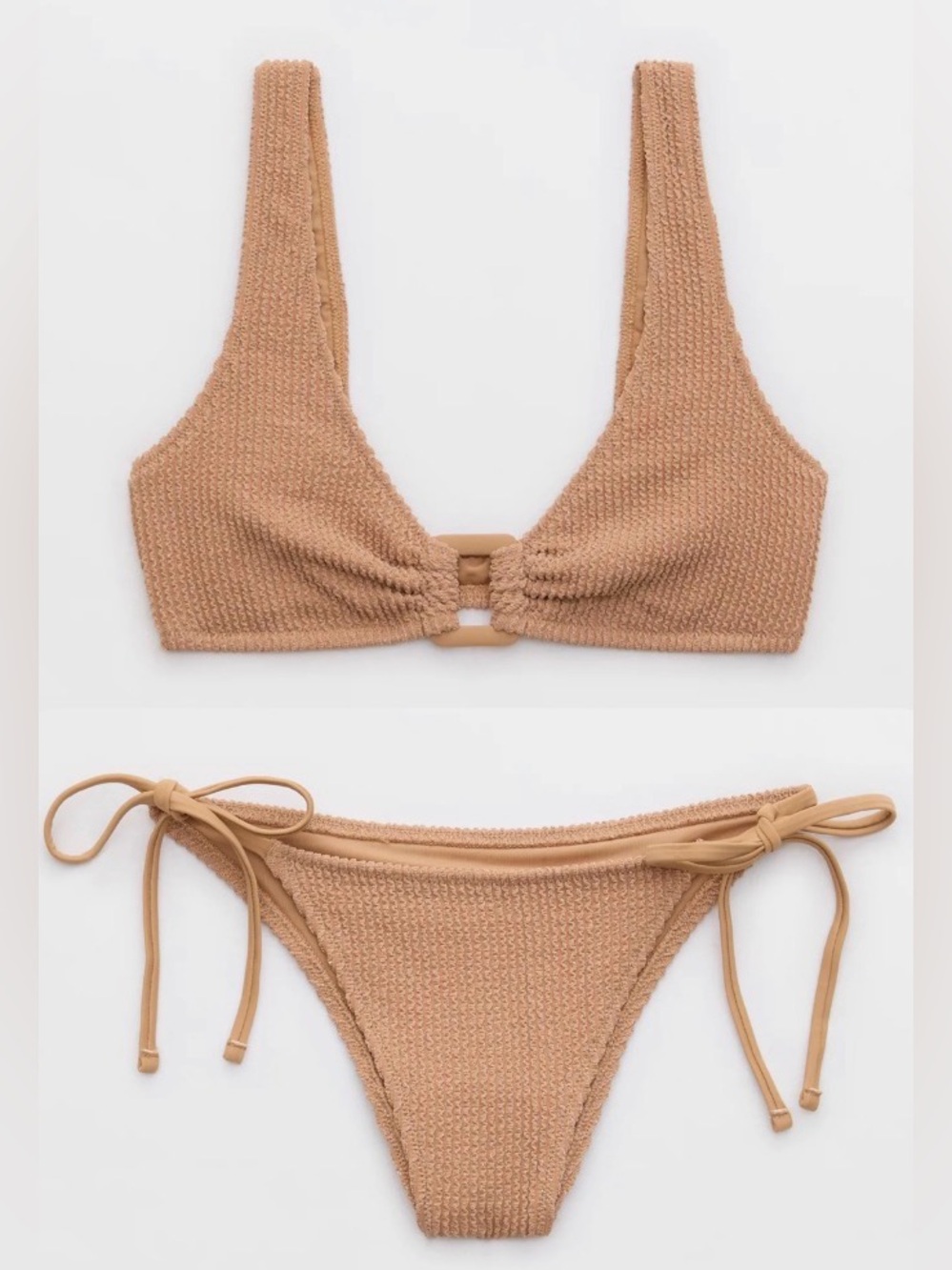 NWT Aerie FULL SET Shimmery Crinkle Wide Ring Top + String Tie Bottom Tan - S